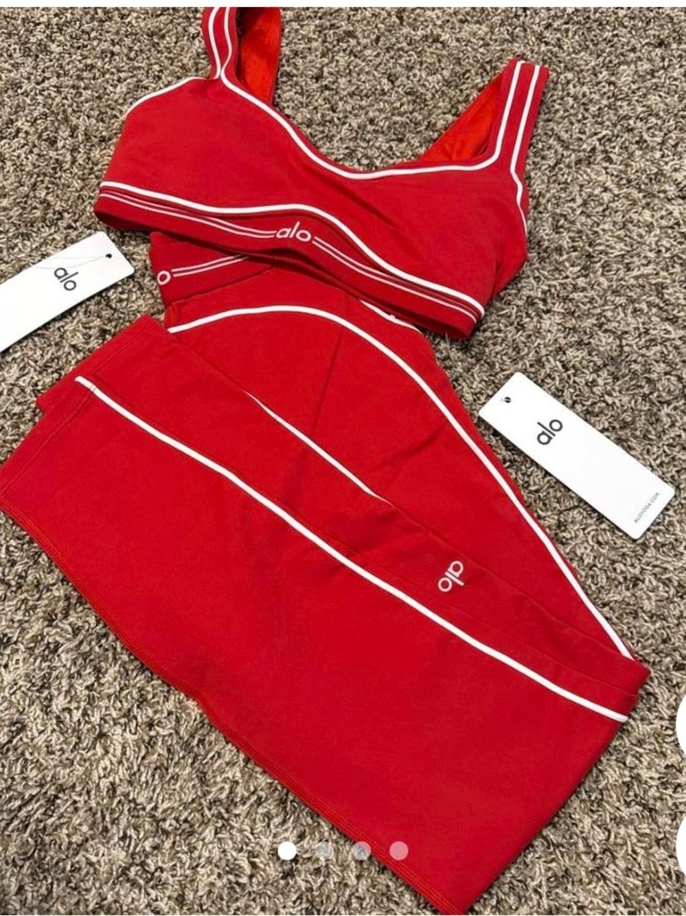 ALO Yoga Red Sports Bra and Leggings Set with White Piping